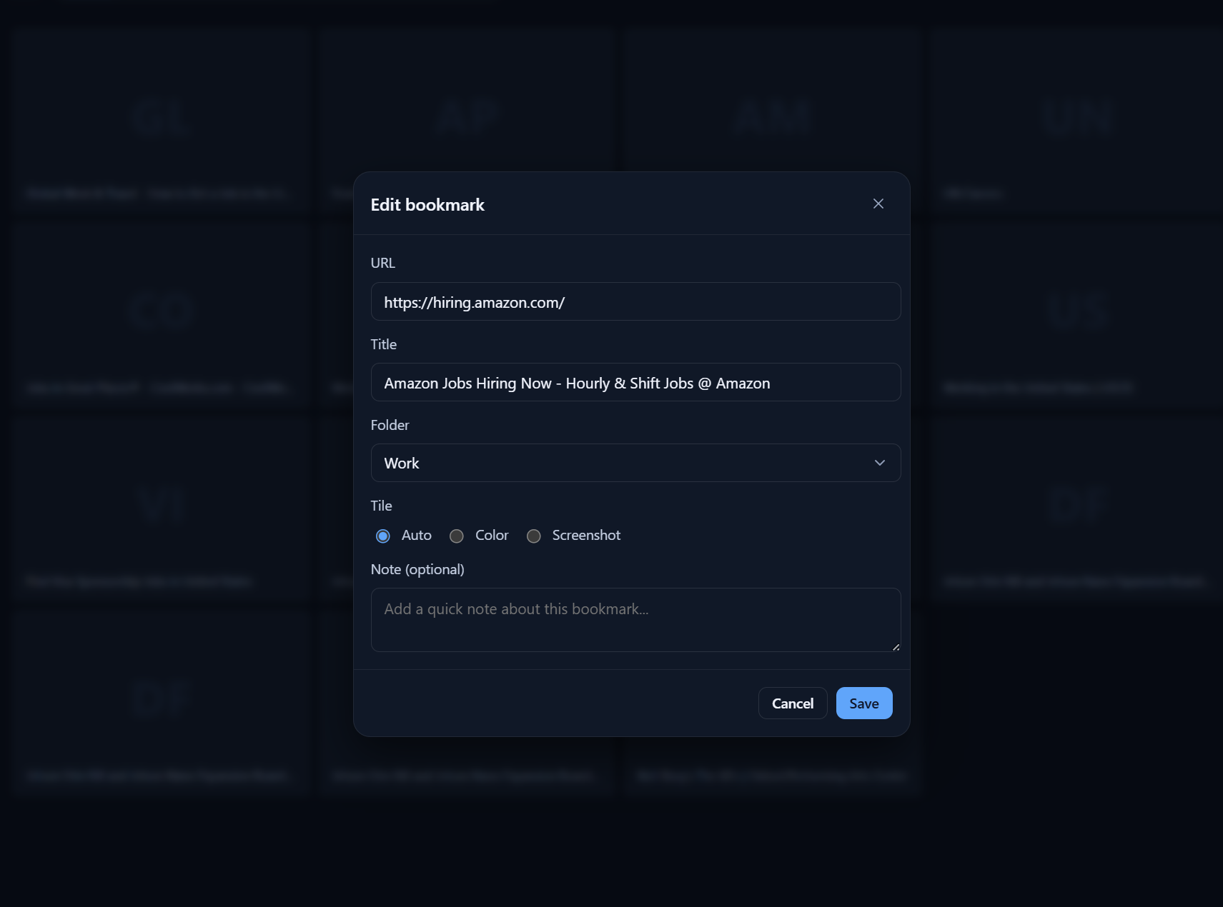 Tiler edit bookmark modal with URL, title, folder selection, and tile customization options
